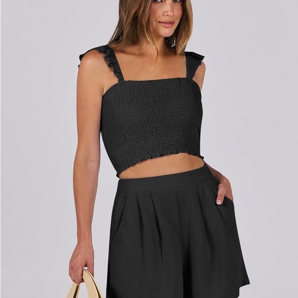 Anrabess Ladies Large Elegant Black Ruffle Strap Stretch‎ Crop Top
